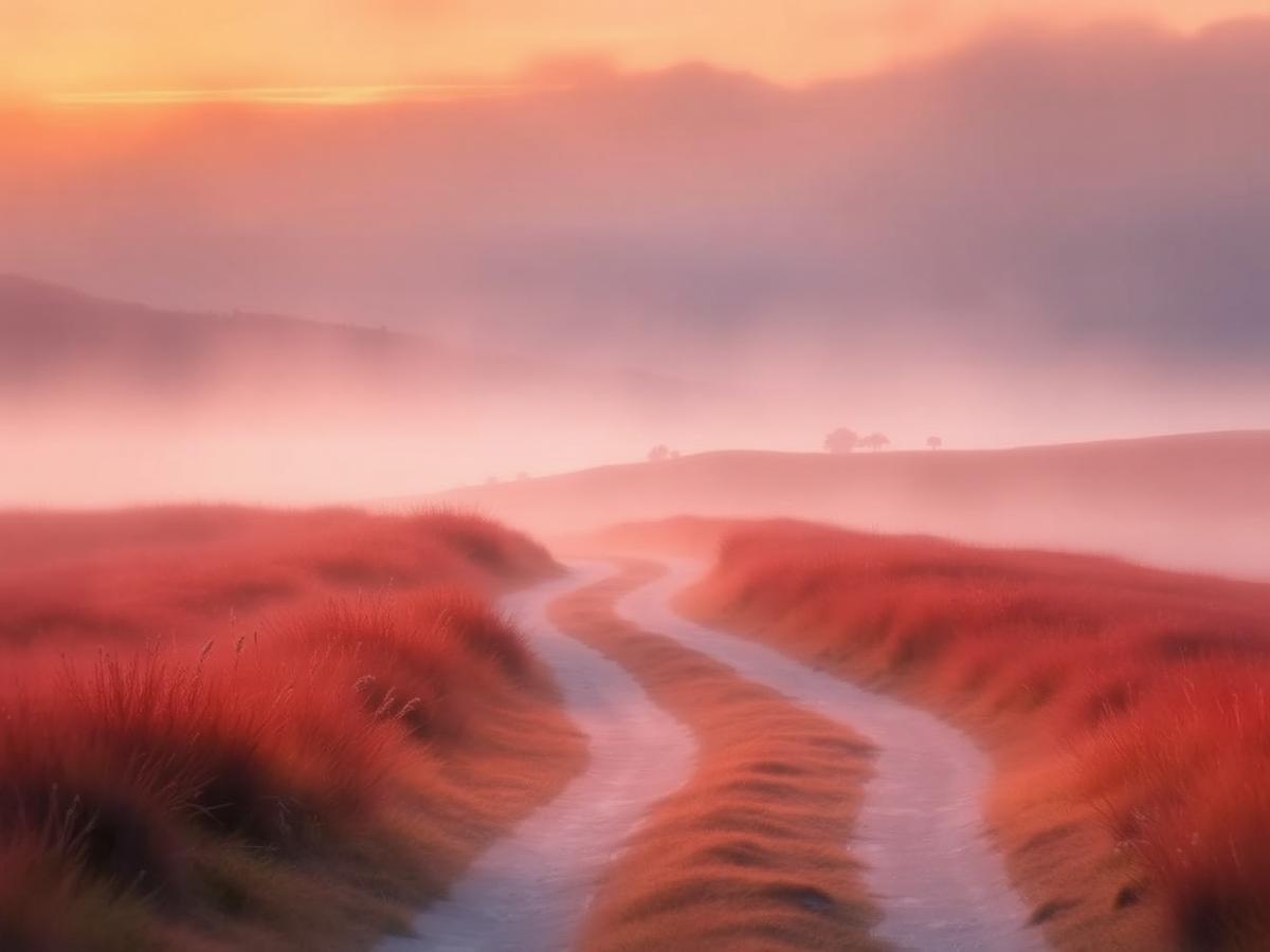 A winding path through misty highland moorland at sunrise in warm rose tones